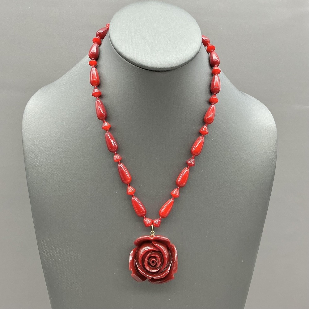Necklace Red Beaded Rose Flower Pendant Resin Womens‎ Bold Statement Jewelry